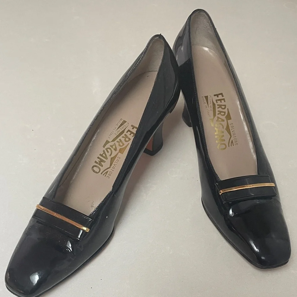 Salvatore Ferragamo Narrow Black Patent Leather Heels - Picture 1 of 4
